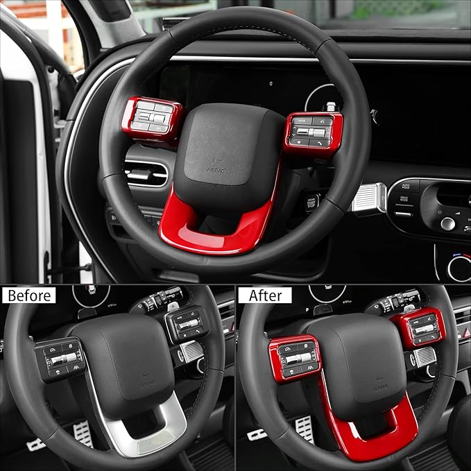 ABS Car Steering Wheel Frame Cover Steering Wheel Button Panel Protection Frame Molding Trim Compatible with Hyundai Santa FE 2024-2026 Accessories (Glossy Red Style)