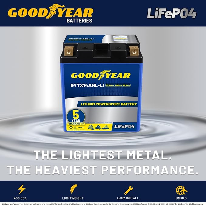 Goodyear GYTX14AHL-LI Lithium LiFePO4 12.8V 400CCA Rechargeable High Performance Powersport Battery with Smart BMS Replacement for Motorcycle, ATV, UTV, Scooter, Watercraft, Jet Ski, and Snowmobile
