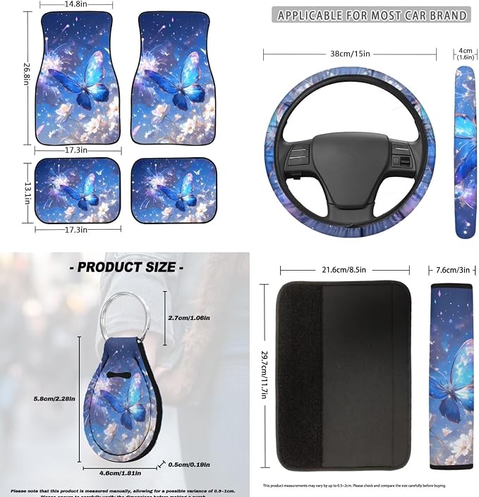 18 Pcs Blue Butterfly Car Interior Accessories Set for Women, Car Seat Covers Full Set with Floor Mats Steering Wheel Cover Armrest Pad Seat Belt Pads Handle Wraps Keychain Cup Coaster
