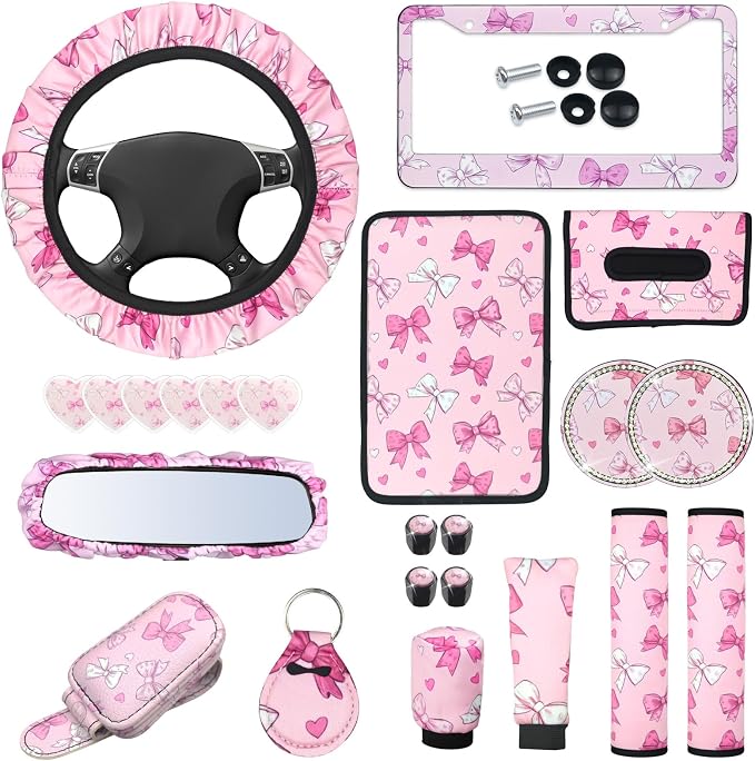 23 Pcs Leopard Print Car Accessories,Including License Plate Frame,Rearview Mirror Decoration,Etc,Suitable for Sedan,SUV and Other,Cute Car Interior Set for Women (Pink Butterfiy)
