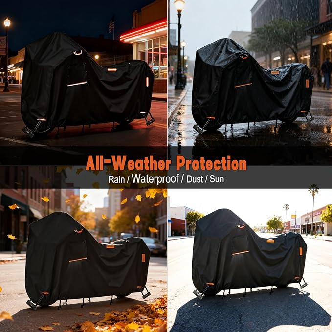 Saking 3XL Larger Motorcycle Cover for Harley Davidson, Heavy Duty 420D Waterproof Outdoor Cover with Lock Holes & Air Vents, Fits Touring, Cruiser, Adventure Bikes (Widened Rear Design)