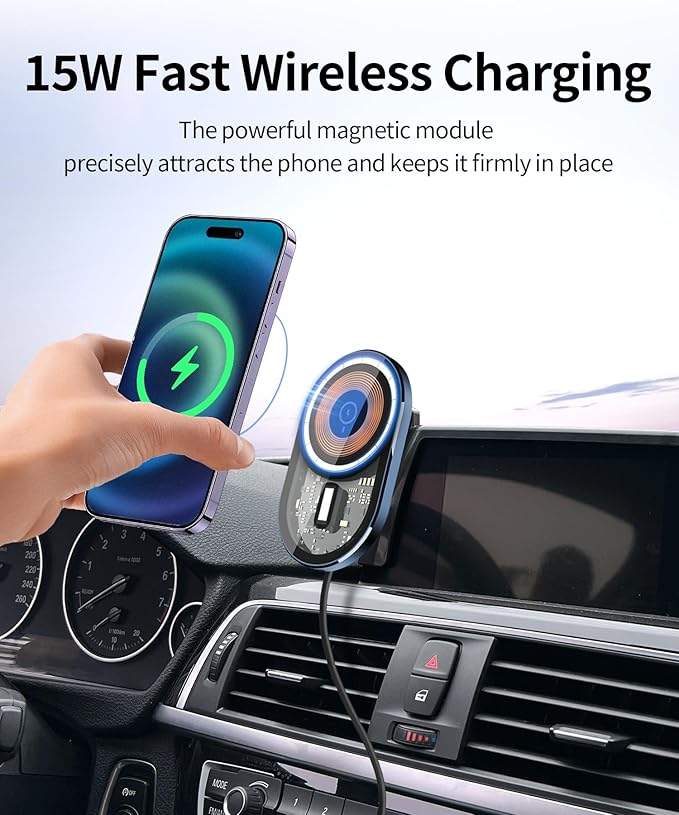 Wireless Charging Car Phone Holder for BMW 3 Series 2012-2018/2 Series/4 Series 2014-2018, 6.5" Screen Fixed Clip, 360° Rotation Car Phone Mount Compatible with MagSafe