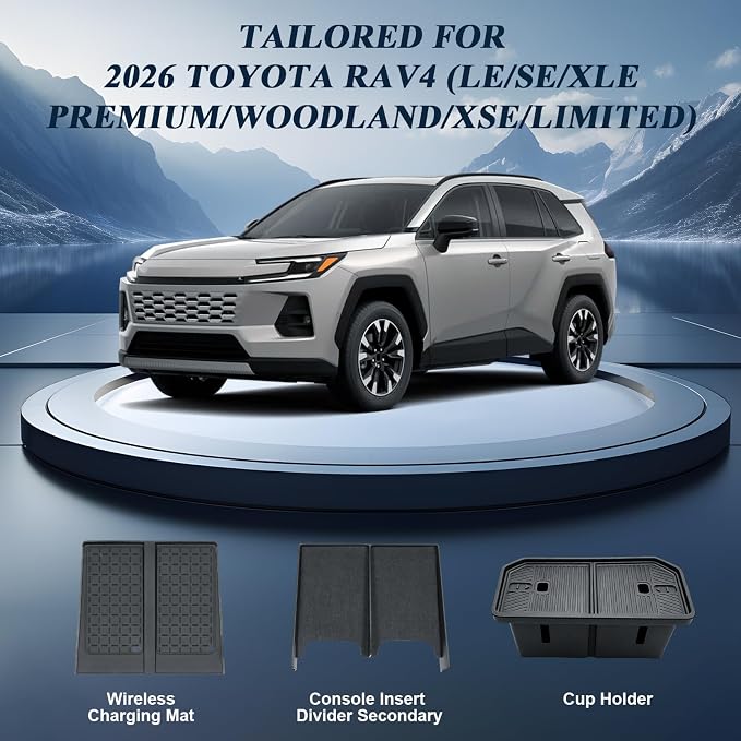 BIBIBO 3Packs for 2026 Toyota RAV4 Center Console Organizer 2026 Toyota RAV4(LE/SE/XLE Premium/Woodland/XSE/Limited) Console Insert Divider Secondary+ Cup Holder Inserts+Wireless Charging Mat