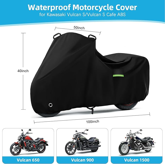 Motorcycle Cover Waterproof for Kawasaki Vulcan S 650/900/1500, Heavy Duty Outdoor Sun UV Rain Dust All Weather Protection Motorbike Cover with Soft Cotton Lining & Lock Hole-Black