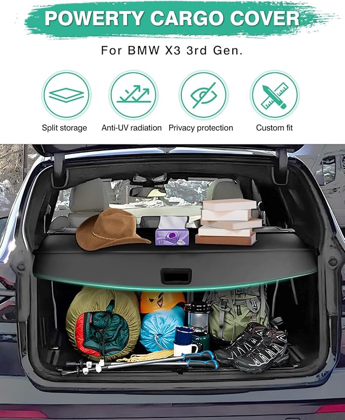 Powerty Retractable Cargo Cover for 2018-2024 BMW X3, Canvas Texture Trunk Cover Privacy Screen Rear Security Shade for BMW X3 Accessories