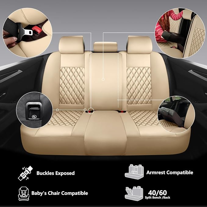 NS YOLO Full Coverage Leather Car Seat Covers Full Set,Waterproof Seat Covers for Cars,SUVs Pick-up Truck, Car Seat Cushion,Car Seat Protector,Beige Seat Cover with 5 Seats