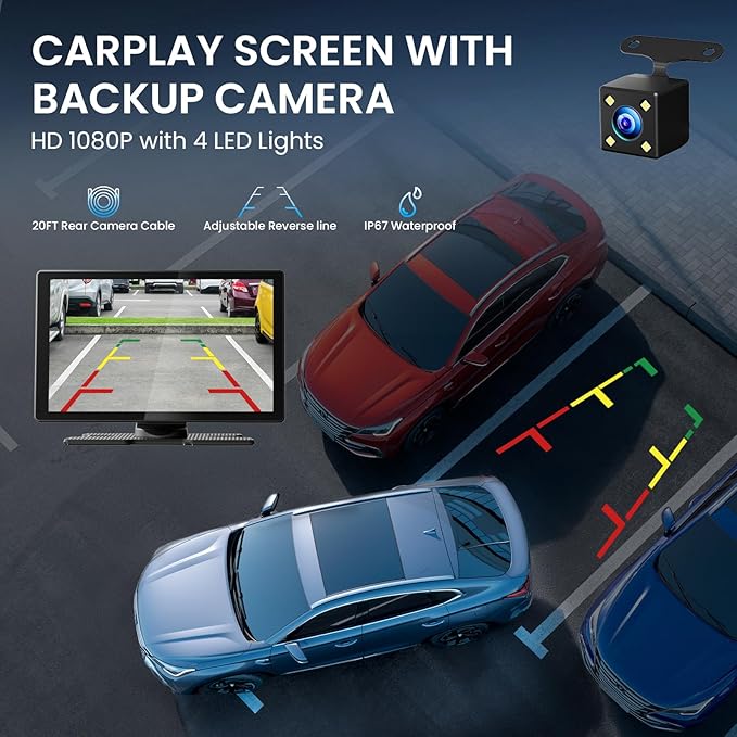 TECXERLLON 9.0" Wireless CarPlay Screen for Car, Android Auto Screen for Car with Backup Camera, Portable Touchscreen car Stereo with GPS Navigation/Mirror Link/Voice Control/Bluetooth/FM/AUX