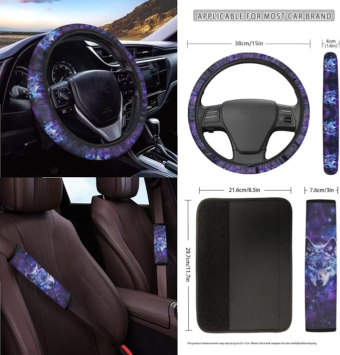 Wanyint Galaxy Wolf Butterfly 15 PCS Car Seat Cover Full Set with Steering Wheel Cover Seat Belt Strap Pads Cup Coasters Trash Bag Air Vent Storage Bag Rearview Mirror Cover Keychain Auto Decoration