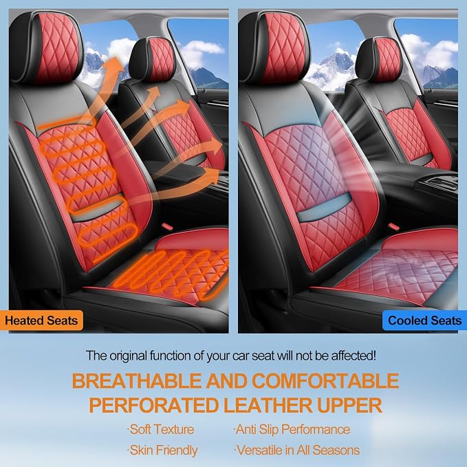 Fit Fusion Car Seat Covers for Ford Fusion 2007-2020 - Luxury Leather, Anti-Slip, All-Weather Seat Cushions, Waterproof & Breathable, Airbag Compatible, Full 5-Seat Set (Red)