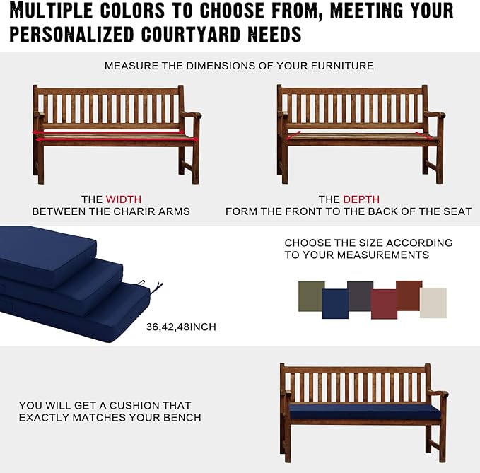 Outdoor Bench Cushion 4 inches Memory Foam Waterproof Patio Furniture Bench Cushion Porch Swing Cushion with Handle and Adjustable Strap, 60 x 18 Inch Navy