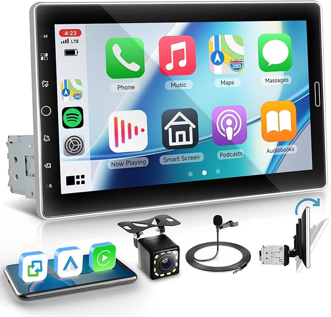Single Din Car Stereo with Wireless Carplay Android Auto, 10.1-Inch Rotation Touch Screen with Bluetooth, FM AM RDS Radio, GPS, Mirror Link, SWC, EQ, Dual USB, AUX + Camera+MIC