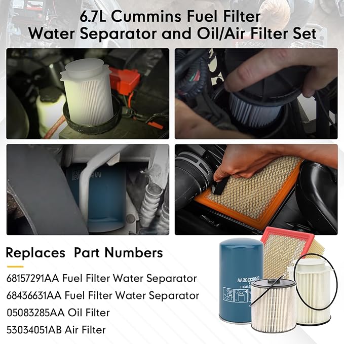 6.7L Cummins Fuel Filter Water Separator Set Replaces 68436631AA，68157291AA，05083285AA，53034051AB - Compatible with Dodge Ram 2500/3500/4500/5500（2019-2023）