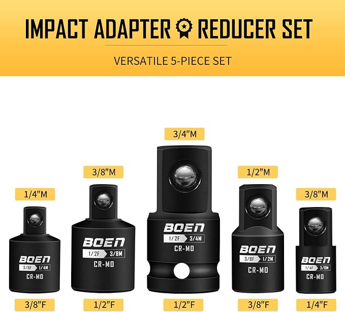 BOEN 38 Piece Impact Socket Set and Adapter Set, Standard SAE, 1/4", 3/8", 1/2" Impact Driver Conversions, Deep & Shallow Metric Socket Set 8mm to 22mm, Includes 5", 10" Extension Bars, Universal Join