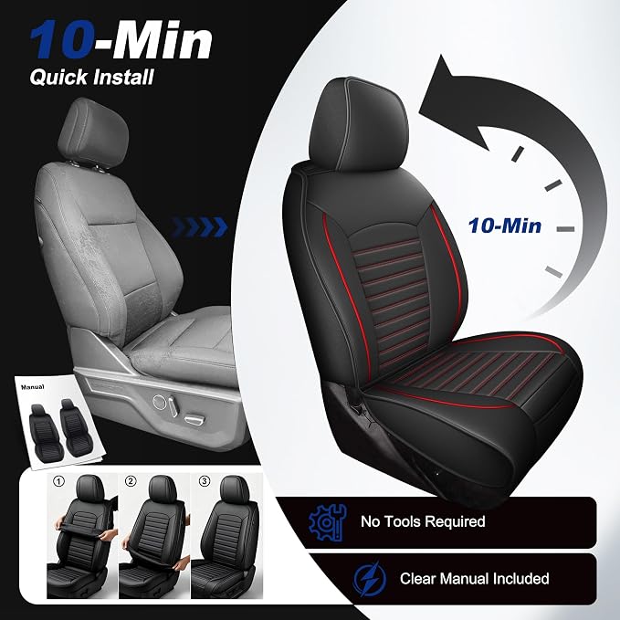 TTX LIGHTING for Dodge Ram 1500 2500 3500 2012-2025 2026 Crew Quad Cab Bighorn Longhorn Laramie Leather Pickup Truck Seat Covers（Curved Bench, 2PCS Front, Redline）