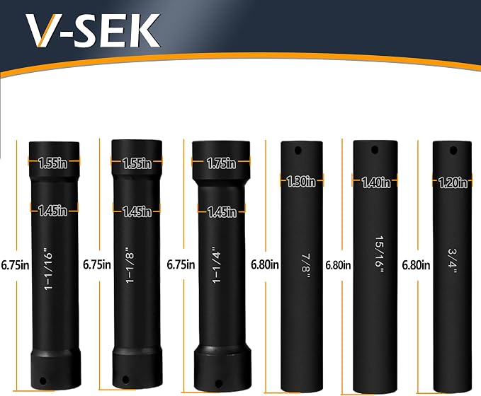6.75 Inch Long Extended Length Impact Socket Set 1/2 Inch Drive Extra Deep Sockets Heavy Duty Steel With Hex Sizes 3/4" 7/8" 15/16" 1-1/16" 1-1/8" 1-1/4" for High Torque Use 6PCS
