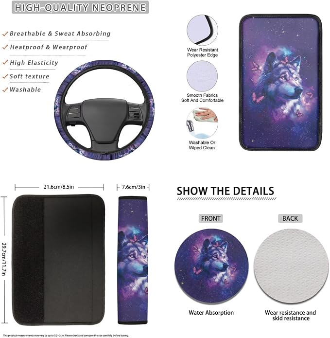 Lotusorchid Wolf Print Seat Covers for Cars Full Set, Butterfly Printed Auto Seat Covers Seatbelt Cover and Armrest Cover for Car, Decorative Automobile Interior Sets for Men Women