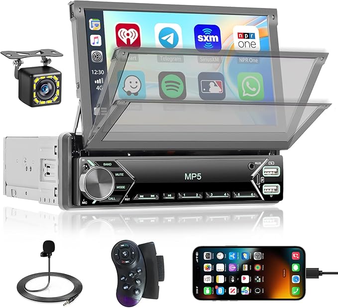 [Stable AM Radio] Hikity 7'' Single Din Car Stereo Carplay Android Auto, 7in Flip Out Touch Screen Car Radio Bluetooth Car Audio Receiver, SWC/Mirror Link, FM/EQ, Dual USB/Type-C, Free Backup Cam+Mic