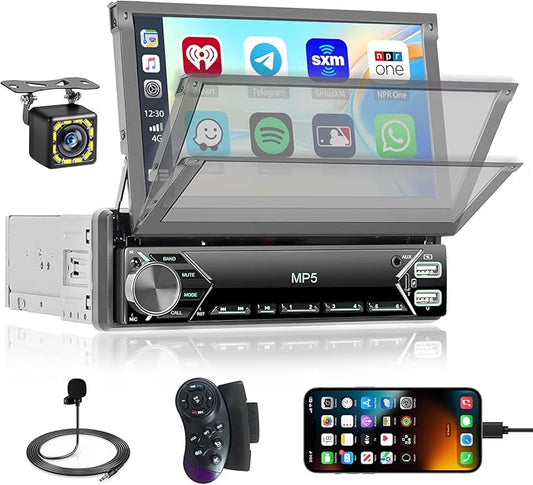 [Stable AM Radio] Hikity 7'' Single Din Car Stereo Carplay Android Auto, 7in Flip Out Touch Screen Car Radio Bluetooth Car Audio Receiver, SWC/Mirror Link, FM/EQ, Dual USB/Type-C, Free Backup Cam+Mic