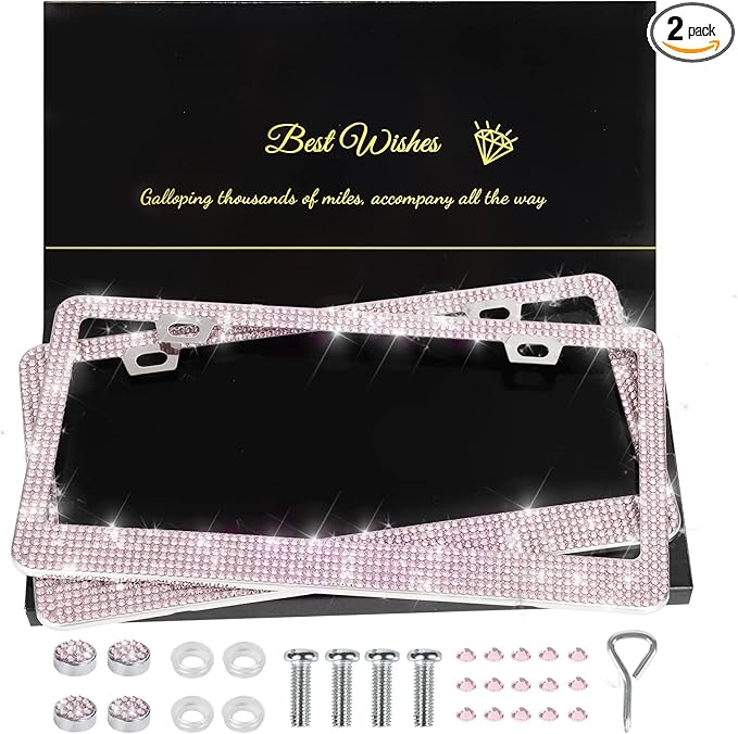 QUANQIUFEI 2 Pack Bling License Plate Frames for Women, Sparkly Rhinestone Diamond Car Accessories with Glitter Crystal Caps (Pink)