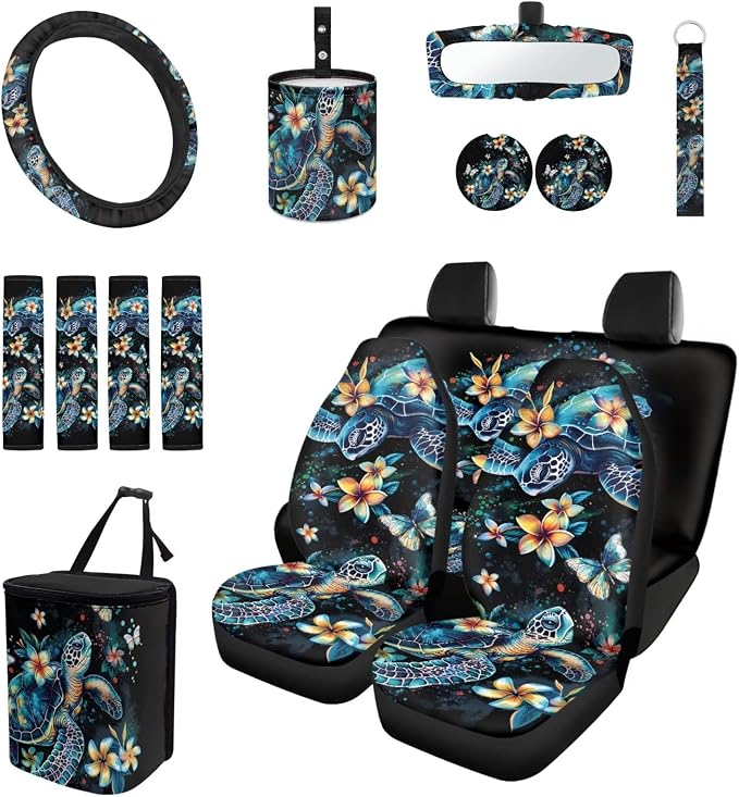 Blue Turtle 15 PCS Car Accessories Auto Seat Covers Set with Steering Wheel Cover, Seatbelt Pads, Trash Can, Rearview Mirror Cover, Coasters, Keychain for SUV Trunk Sedan