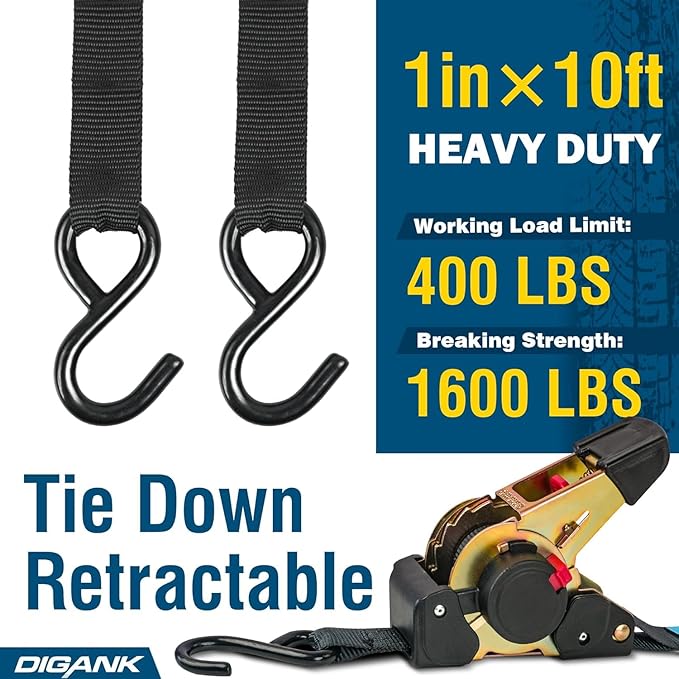 Retractable Ratchet Straps 4 Pack - 1" x 10' Each, Ratchet Straps Self Retractable 1500 lbs Break Strength. Weather Resistant Safety S-Hooks, Perfect for Boat, Securing Cargo, Any Hauling Job