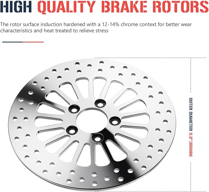 11.8" Front and Rear Brake Rotor Pad Set for Harley Davidson Touring Models, for Road King/Street Glide/Road Glide/Electra Glide 2008-2022, Mirror-Polished Stainless Steel Rotors, 3PCS