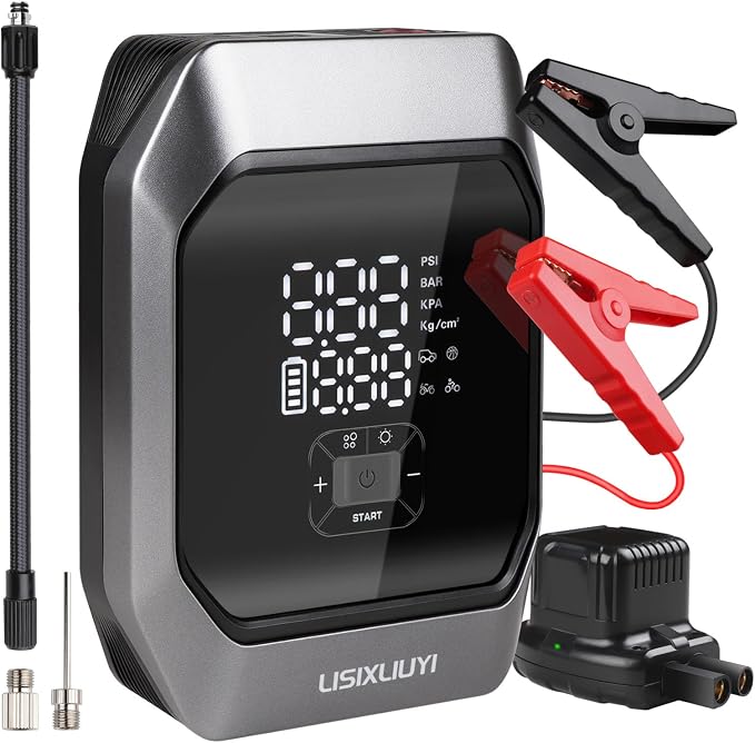 Car Jump Starter with Air Compressor 1000A Peak Auto Battery Booster Pack | 12V Jump Box Portable Smart Battery Charger Tire Inflator 160PSI for Car (3.5L Gas / 4.0L Diesel)