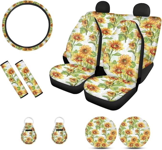 Suobstales Art Flowers Seat Cover for Car for Women Sunflower Car Accessories Set of 11-pcs with Steering Wheel Cover, Seatbelt Covers, Auto Cup Holder Coasters, Floral Keychain