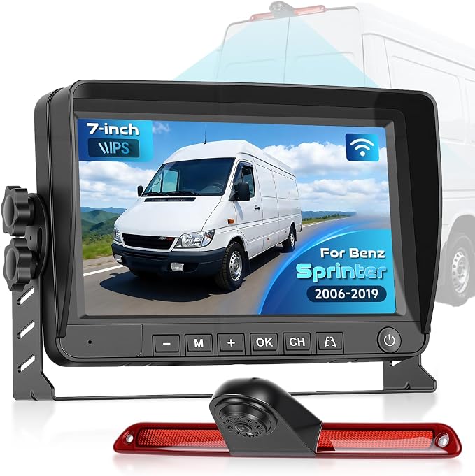 Wireless High Mount Backup Camera System for Mercedes Sprinter 2006-2019 with 7-Inch HD Monitor, Roof Mount Reverse Parking Camera, IR Night Vision, IP68 Waterproof
