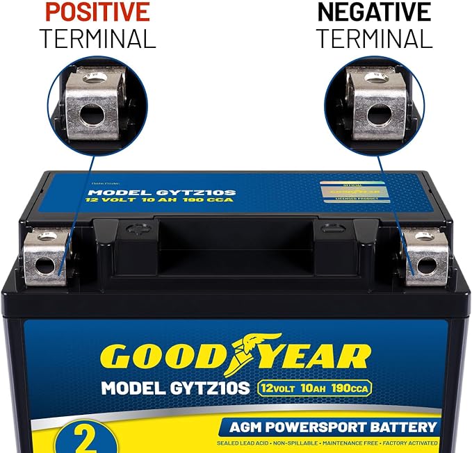 Goodyear GYTZ10S - 12 Volt 10 AH, 190 CCA, Rechargeable High-Performance, Maintenance Free, SLA - AGM Battery for Motorcycle, ATV, UTV, Scooter, Snowmobile, Motorbike and more!