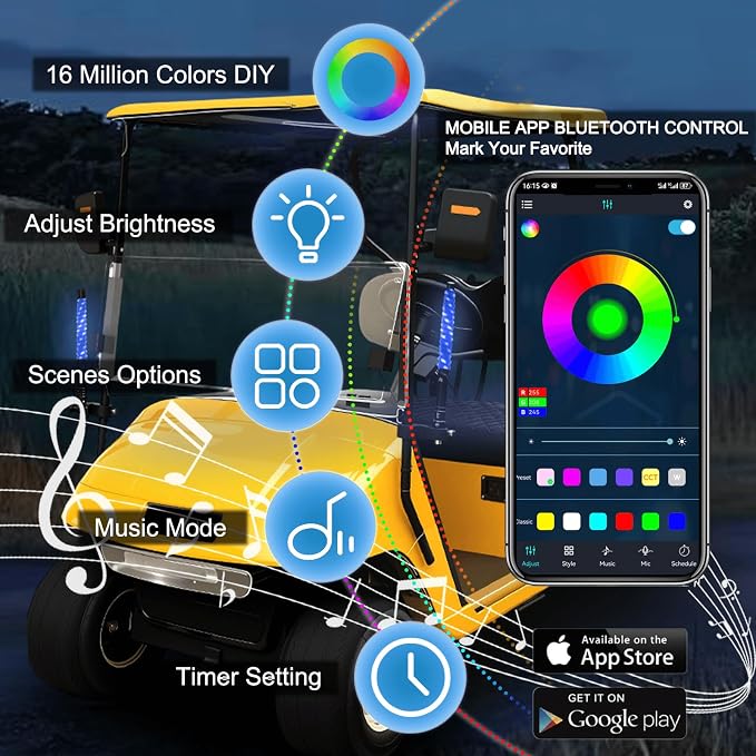 2 Pack 1FT Golf Cart Front Rail Whip Lights, LED Light Bluetooth App & Remote Control, Spiral RGB Music Chasing Lighted with Turn Reverse Brake Signal for 36V/48V/72V (Included DC Converter)