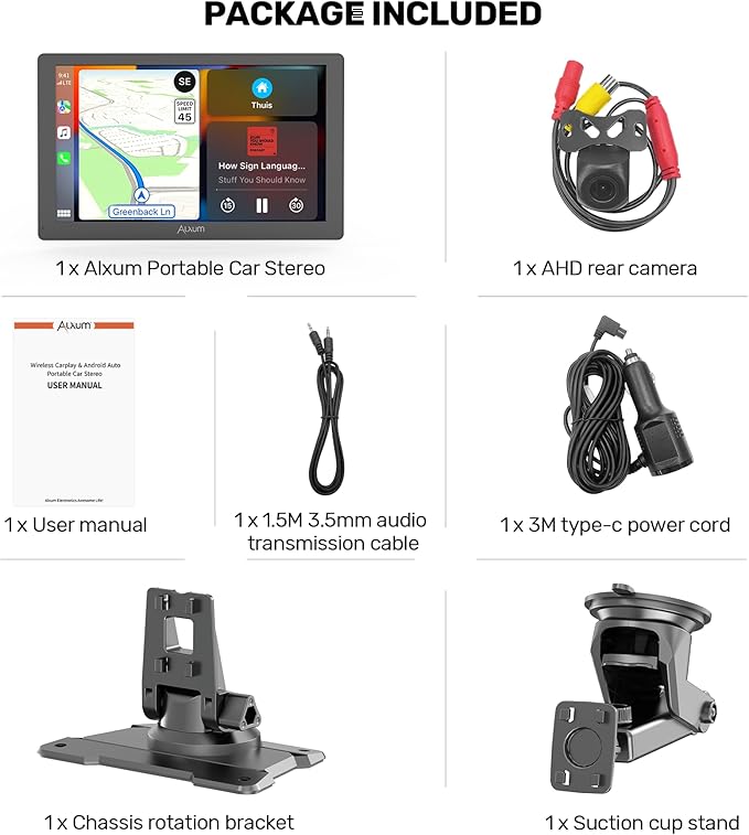 Wireless Apple Carplay Screen for Car, 9" HD Touchscreen Portable Car Stereo with Android Auto, Backup Camera, Mirror Link, GPS Navigation, Voice Control, AUX - Compatible with All Vehicles