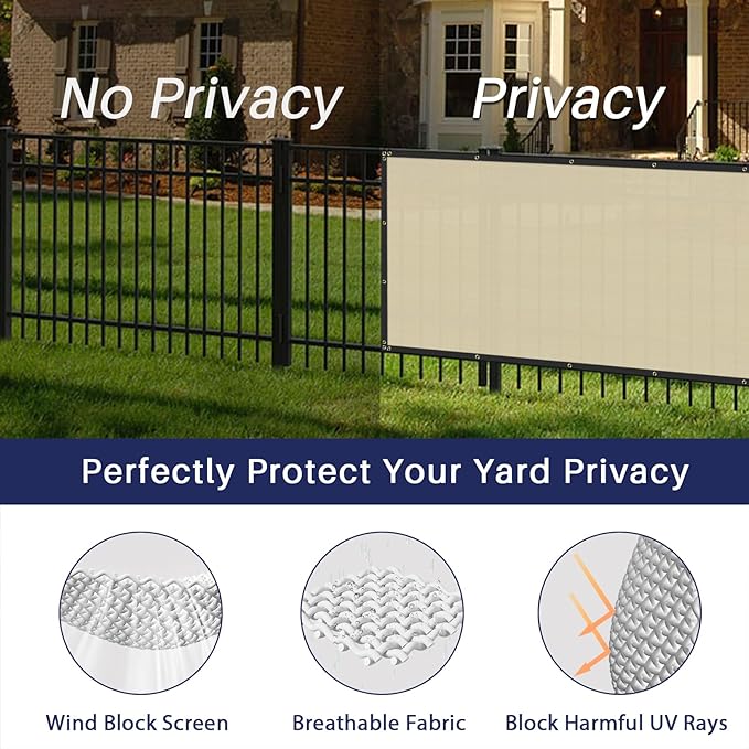 Windscreen4less Privacy Fence Screen Heavy Duty Windscreen Fencing Mesh Fabric Shade Net Cover with Brass Grommtes for Outdoor Wall Garden Yard Pool Deck, 8'x155' Beige