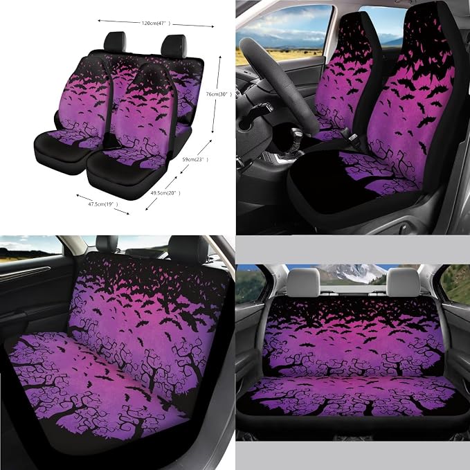 Car Seat Covers Front and Back Full Set with Steering Wheel Cover Armrest Cushion Safety Belt Pads Inside Rearview Mirror Cover Gear Shift Lever + Handbrake Protectors, Purple