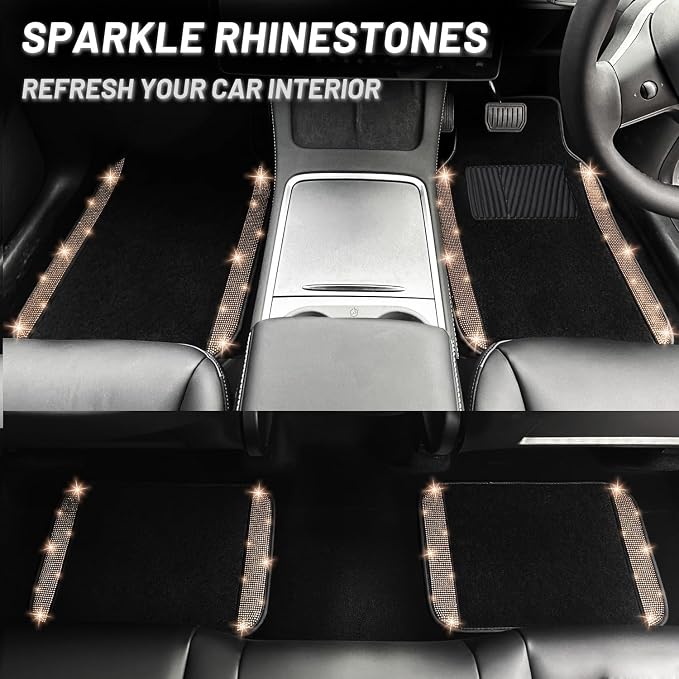 NBTEPEM Bling Car Floor Mats Full Set and Steering Wheel Cover, Universal Fit Most Cars, 4 pcs Sparkle Glitter Diamond Carpet, 5 pcs Bling Car Accessories Set for Women (Champagne Diamond)