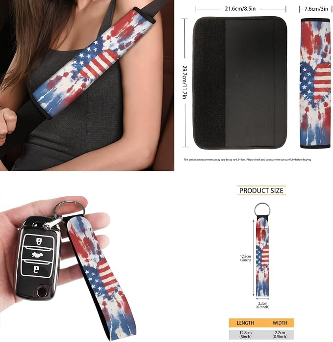 Tie Dye Heart Flag Auto Interior Accessories Car Seat Covers with Auto Steering Wheel Cover Seat Belt Covers Car Trash Can View Mirror Cover Coaster Keychains