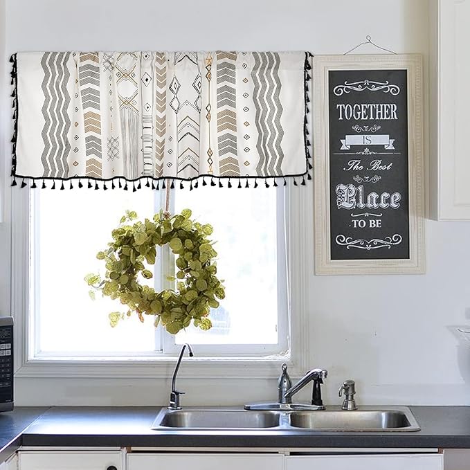 ColorBird Kitchen Window Curtains Over Sink Valance Short Boho Oven Curtain Basement Window Topper Light Filtering Rod Pocket 1 Panel for Cabinet RV (59" W x 18" L, Geometric)