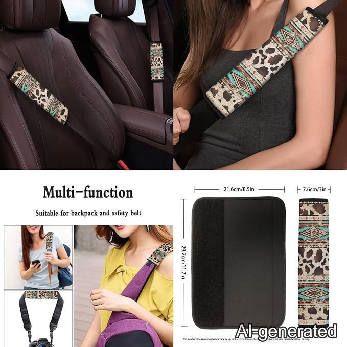 Aztec Cow Print Car Seat Covers Full Set 12 Pack Car Steering Wheel Cover Auto Seat Belt Cover Center Console Cover Cars Coasters Gear Lever Cover for Most Cars, SUVs