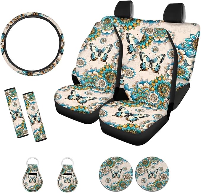 Xoenoiee Butterfly and Boho Mandala Print Car Seat Cover Full Set with Steering Wheel Cover, Seat Belt Cover, Coasters, Key Chains for Cars SUV, Universal Auto Accessories - 11 Pack