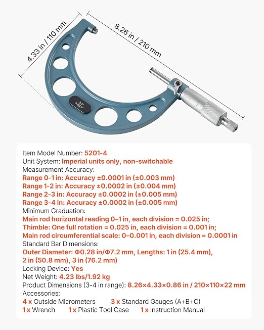 VEVOR 4 PCS Micrometer Set, 0-1"/1-2"/2-3"/3-4" Machinist Outside Micrometer, Ultra-Precision 0.0001 Accuracy, Professional Machinist Tools with Protective Case, for Metalworking & Engineering