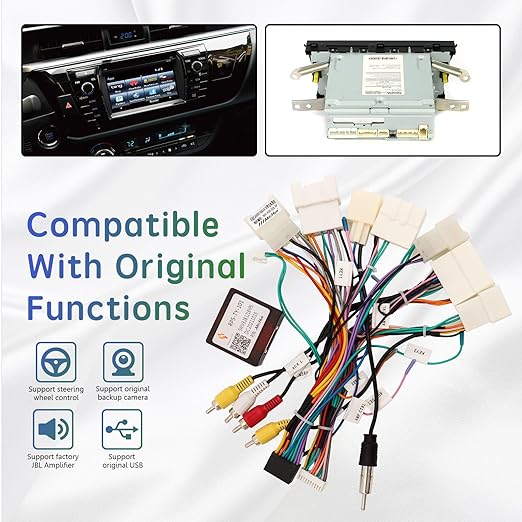 16PIN Car Radio Wiring Harness CANBUS Adapter for Toyota Corolla Camry RAV4 Tundra Highlander Premium Trim,Plug and Play Android Stereo Install Kit Retains JBL Amp 360° / Backup Camera SWC