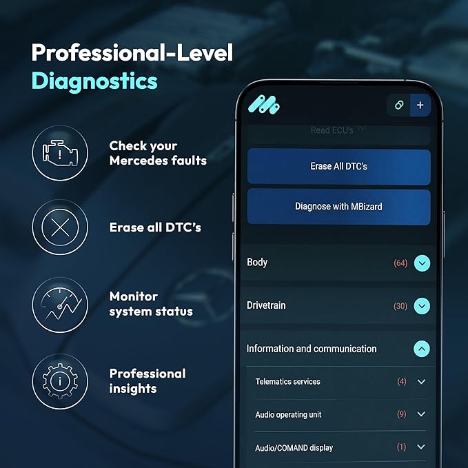MBito OBD2 Scanner Diagnostic Tool for Mercedes-Benz (2003–2024), Bluetooth Car Code Reader & Auto Scanner - Free Lifetime Engine/ABS/Airbag Diagnostics, Unlock Hidden Features