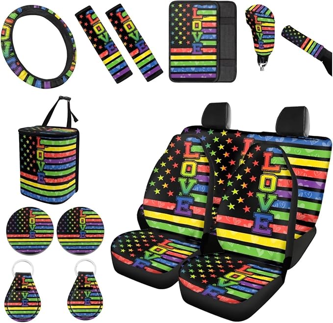 Forchrinse 15Pcs Sunflower Bee Car Seat Cover Full Set with Steering Wheel Cover Armrest Shoulder Pads Handbrake Gear Cover Garbage Can,Soft Auto Interior Accessories Protector for Women