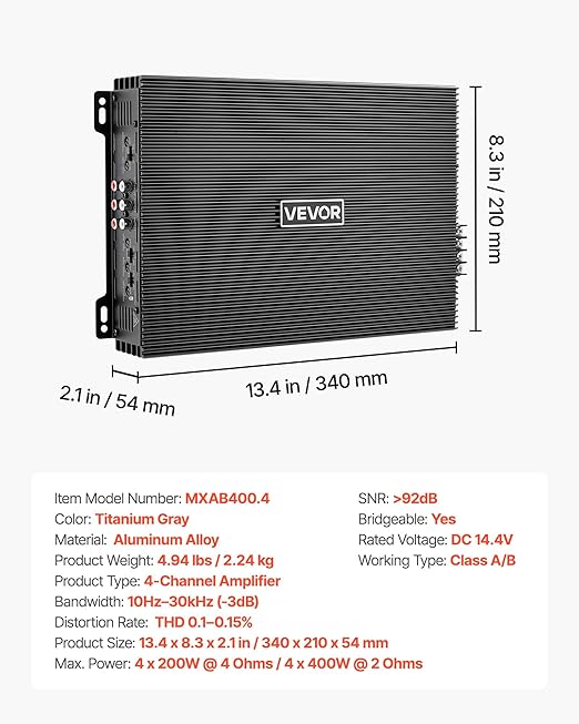 VEVOR 4 Channel Car Audio Amplifier 2 Ohm Stable Bridgeable Class A/B Full Range Amp Max Power 4 x 200W @ 4 Ohm / 4 x 400W @ 2 Ohm for Car SUV Truck Off-Road