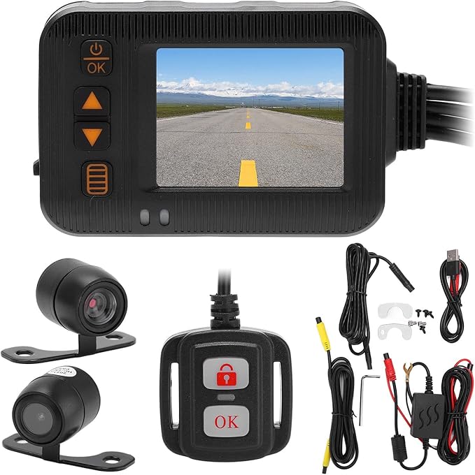 Fydun Motorcycle Dash Cam Front and Rear, 2 Inch 1080P+720P Dual Lens Motorbike DVR, IP67 Bike Camera with Loop Recording, G-Sensor, Parking Mode, Wired Remote Control