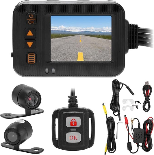 Fydun Motorcycle Dash Cam Front and Rear, 2 Inch 1080P+720P Dual Lens Motorbike DVR, IP67 Bike Camera with Loop Recording, G-Sensor, Parking Mode, Wired Remote Control