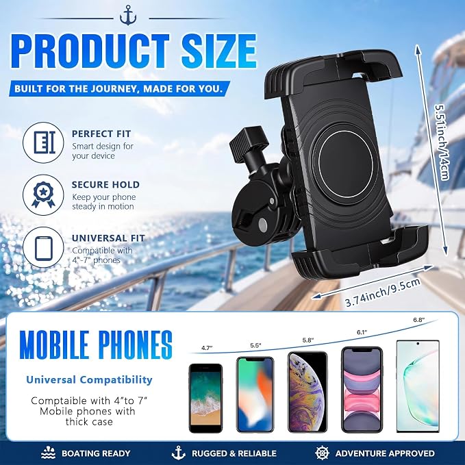 Tellegloww 1 Pack Boat Phone Holder, Marine Cell Phone Holder No Sunshade, Black 360 Degree Adjustable Knob Crab Clamp, Smartphone Accessory for Boat Rail, Car, Cycling, Pontoon and Outdoor Use