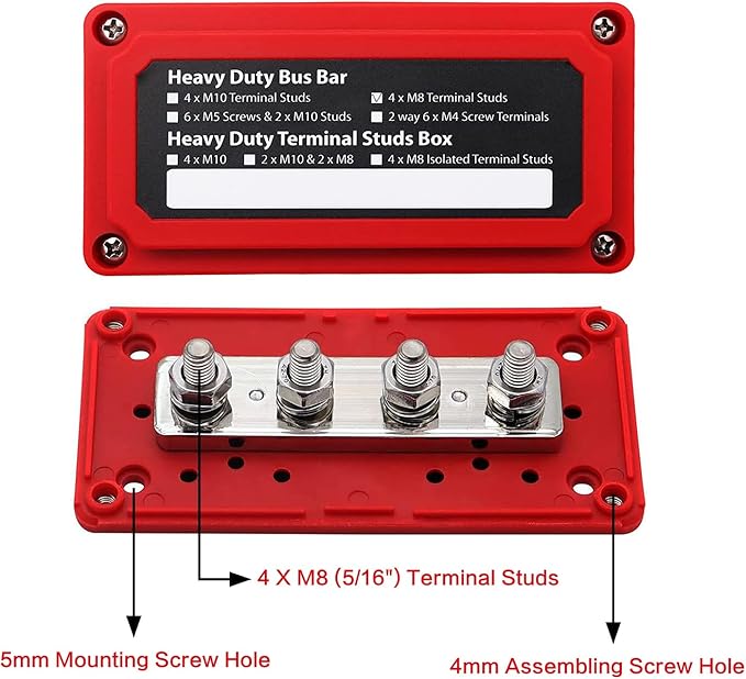300A Bus Bar 12V Heavy Duty Module Design Power Distribution Block Waterproof Bus bar Box with 4X M8(5/16") Terminal Studs for Battery Marine Automotive RV Car Truck (Black & Red)