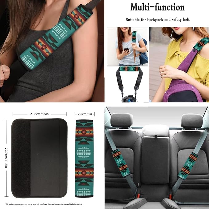 AFPANQZ Green Aztec Tribal Car Seat Covers Full Set 11 Packs Steering Wheel Cover + Safety Seat Belt Pads + Car Cup Holder Coaster + Handrake Cover + Gear Shift Knob Cushion for Men Women