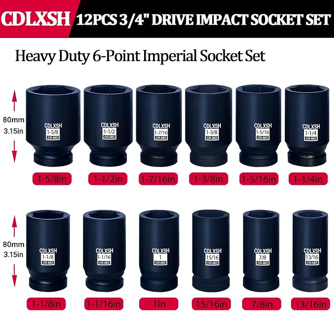 3/4 Inch Deep Impact Socket Set, Standard 6-Point SAE Socket Set | 12 Pcs Heavy Duty Drive Impact Sockets(13/16"-1-5/8"), Cr-Mo Steel, Overall Heat Treatment for Vehicle and Equipment Repair